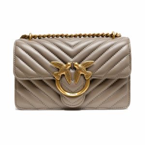 PINKO Grey Leather Love One Mini Shoulder Bag