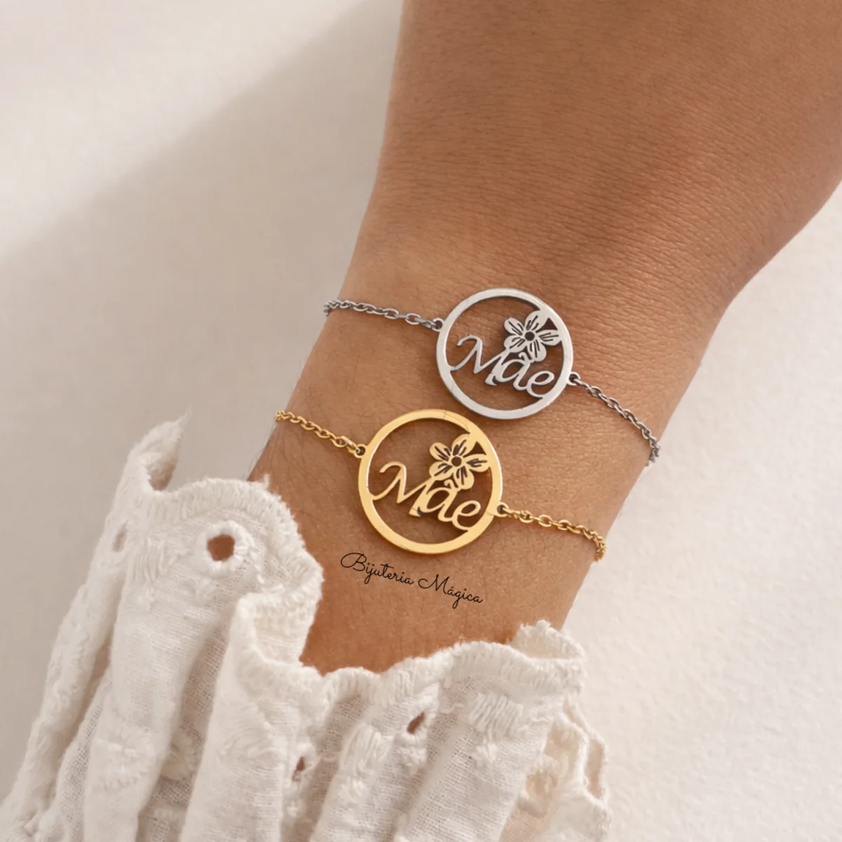 Pulseira Mãe em Aço com Flor